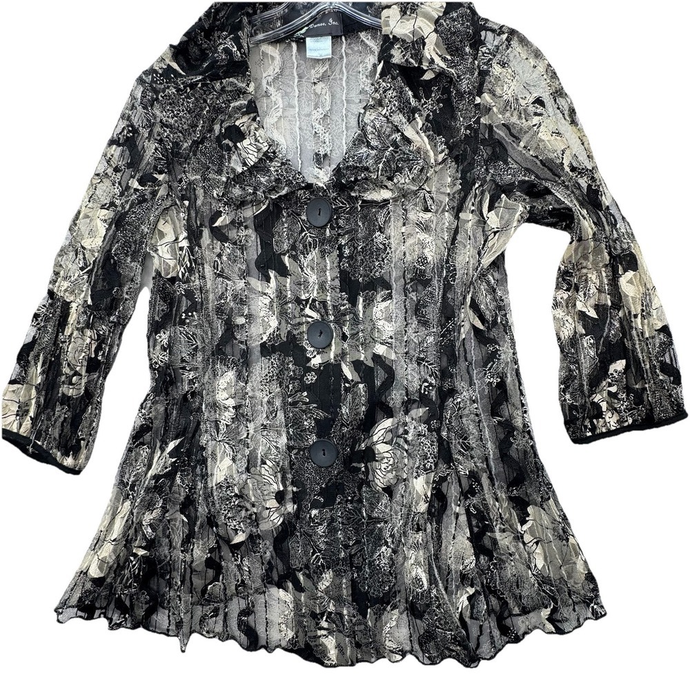 Damee, Inc. Womens Small Sheer Button Up Shirt Jacket Vintage Goth Grunge Art